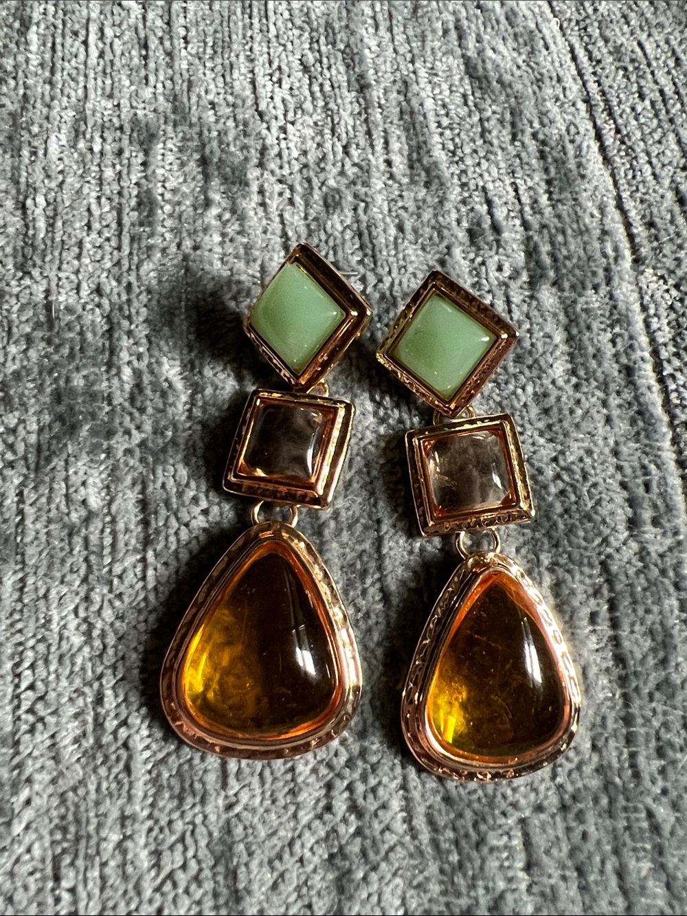 Gold-Tone Drop Earrings with Mint Top and Amber Teardrop Stones